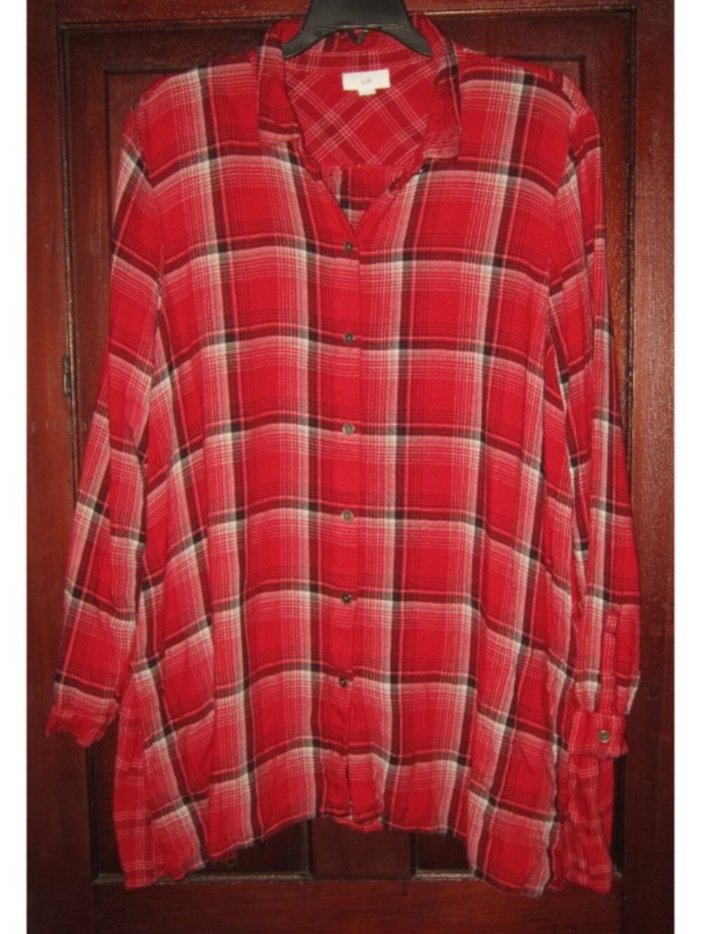 J. Jill Sz L Tunic Shirt Blouse Top Red Plaid Lagenlook Pockets Rayon Patchwork